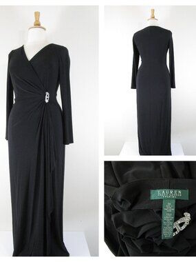 Lauren Ralph Lauren Plus Size Black Faux Wrap Long Formal Dress Gown 14